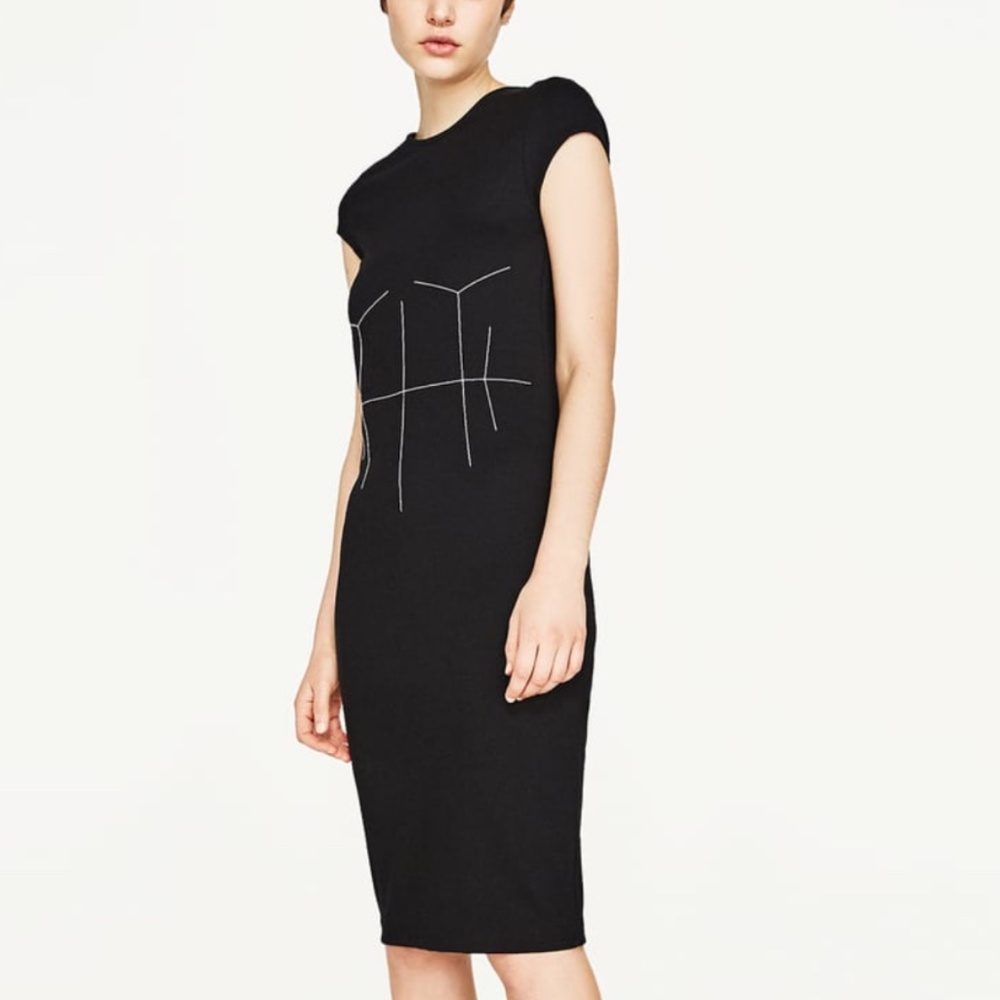 Zara black  midi bodycon dress with white stitching size medium